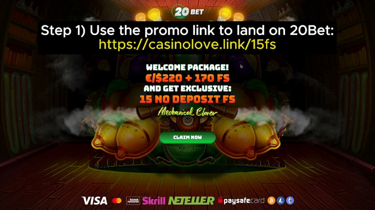 Landing page with the 15 free spins bonus details
