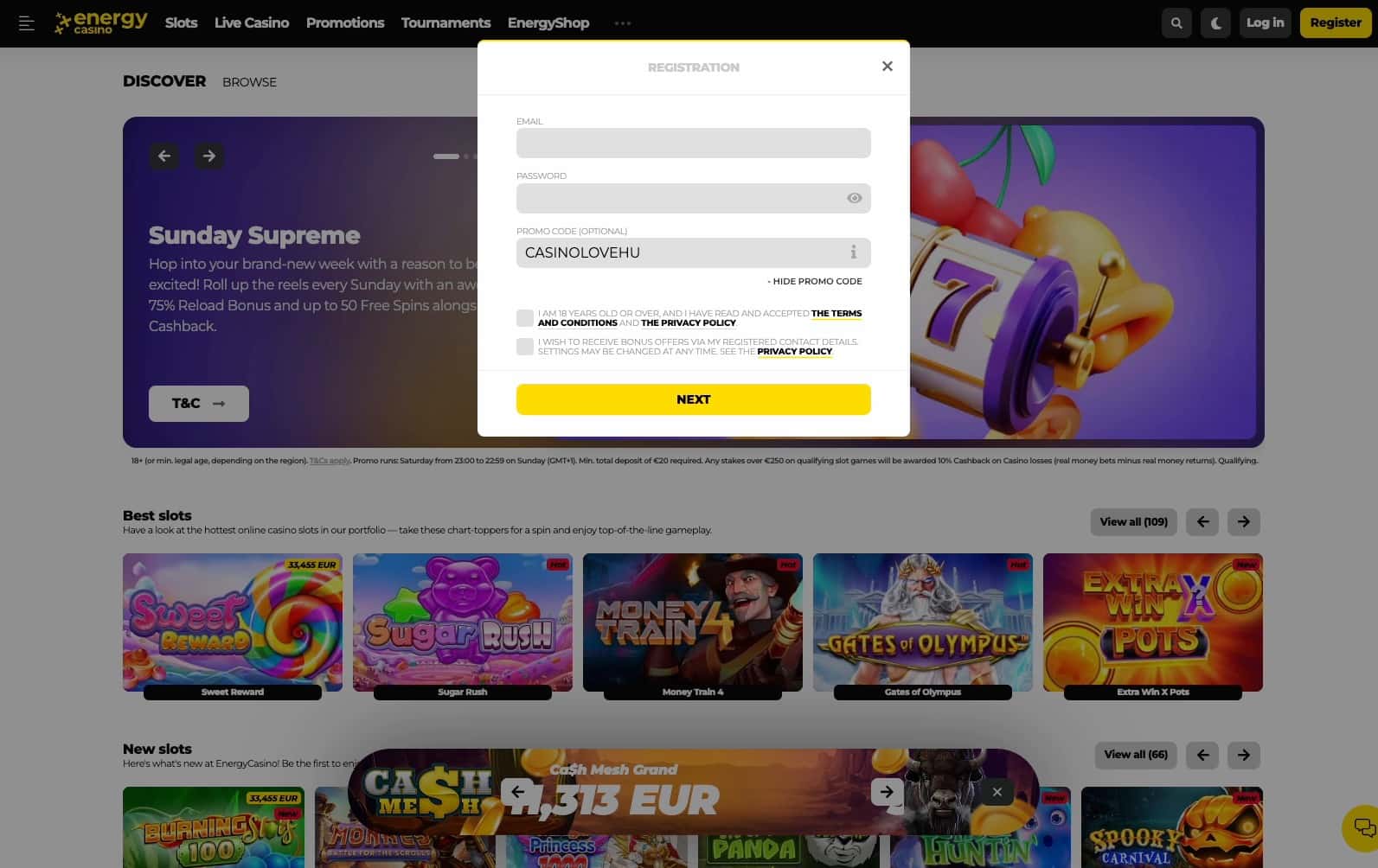 First step of registration at Energy Casino with the CASINOLOVEHU promo code applied
