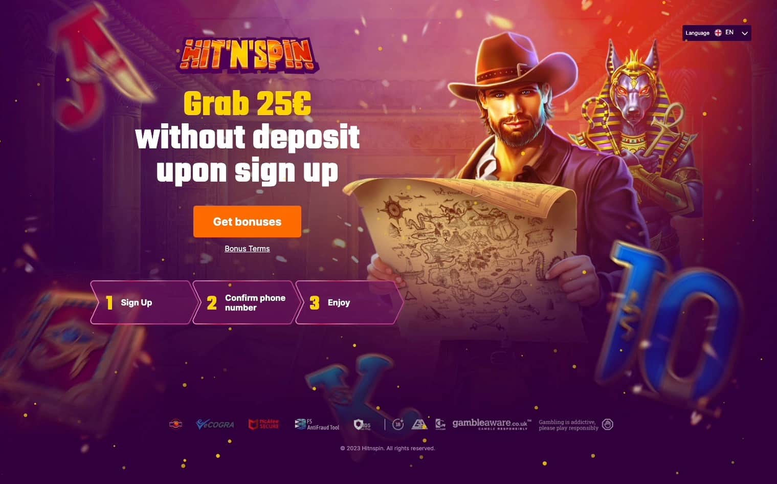 No deposit offer page at Hit n Spin Casino