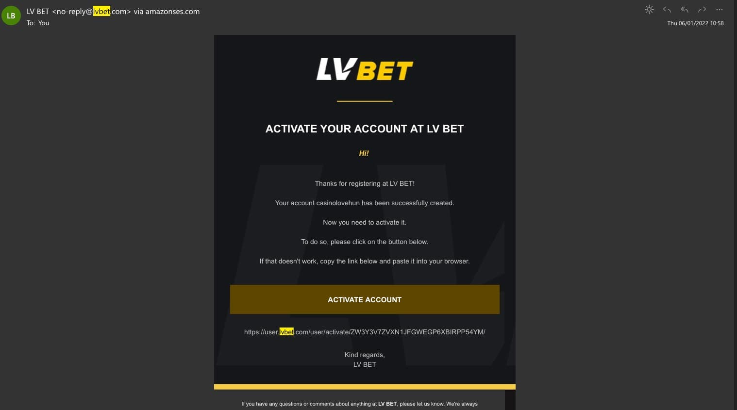 E-mail de confirmação do LVBET Casino